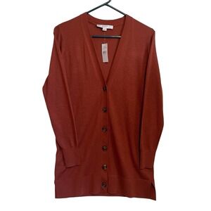 LOFT V‑Neck Cardigan Wool Blend Rust Brown Button Front Size Small